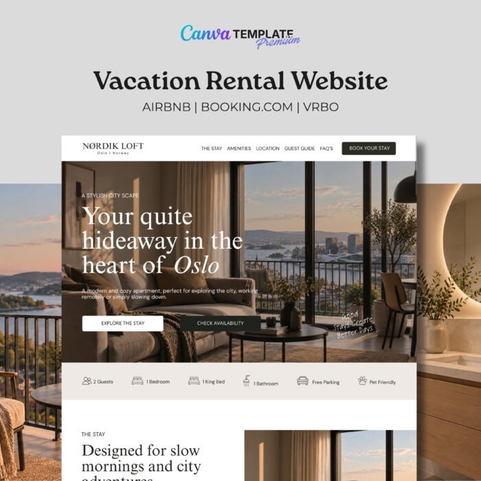 Canva Templates Vacation Rental Website | Premium Canva Website Template - Sales Page. Connect to Airbnb, Vrbo, Booking